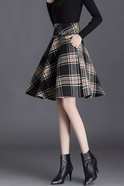 Plaid Wool Skater Skirt - A-Line Silhouette with Pockets 4654