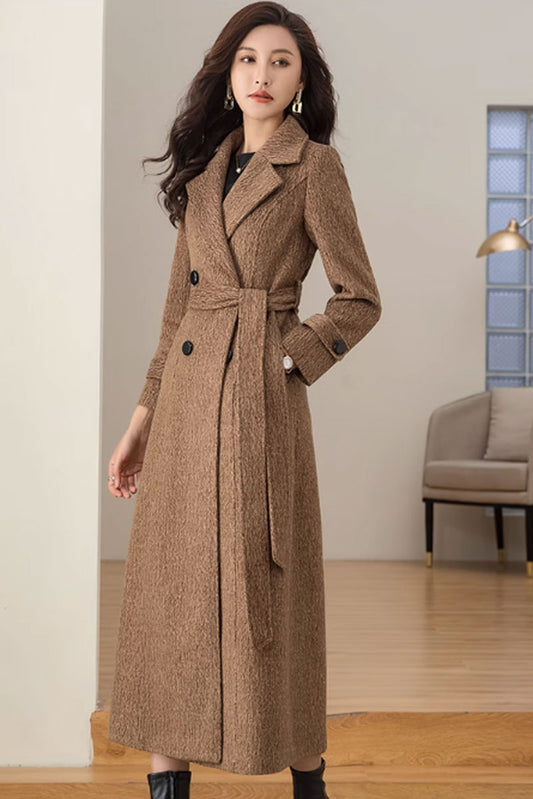 Tie belt winter long wool coat women 4697