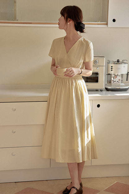 High Waist Cotton Dress - V-Neck, Short Sleeve, Button Detail 4311