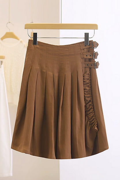 brown short linen skirt with ruffle details 4364