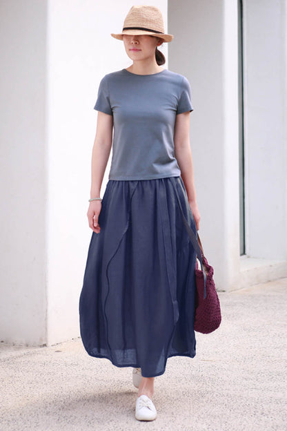 Wine Red Linen Bubble Skirt - Asymmetrical Elastic Waist 4347