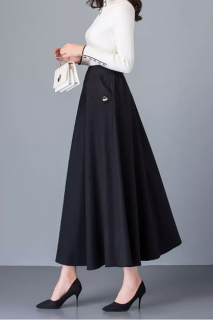 Brown Wool Maxi Skirt - A-Line with Pockets 4752
