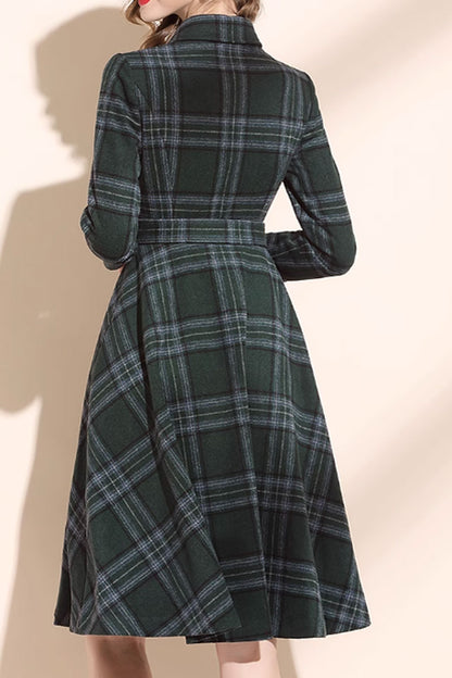 Plaid Wool Dress with Tie Belt Waist - Fit & Flared Knee Length 4802