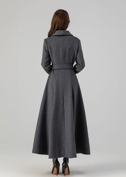 Vintage Gray Wool Blend Coat – Elegant Belted A-Line Maxi Coat | Xiaolizi 4516