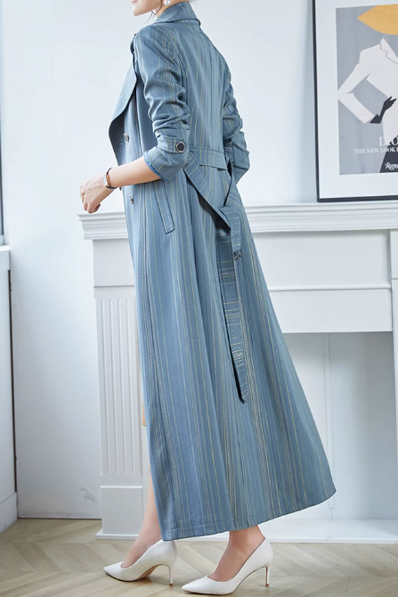 Blue stripled long trench coat autumn 4599