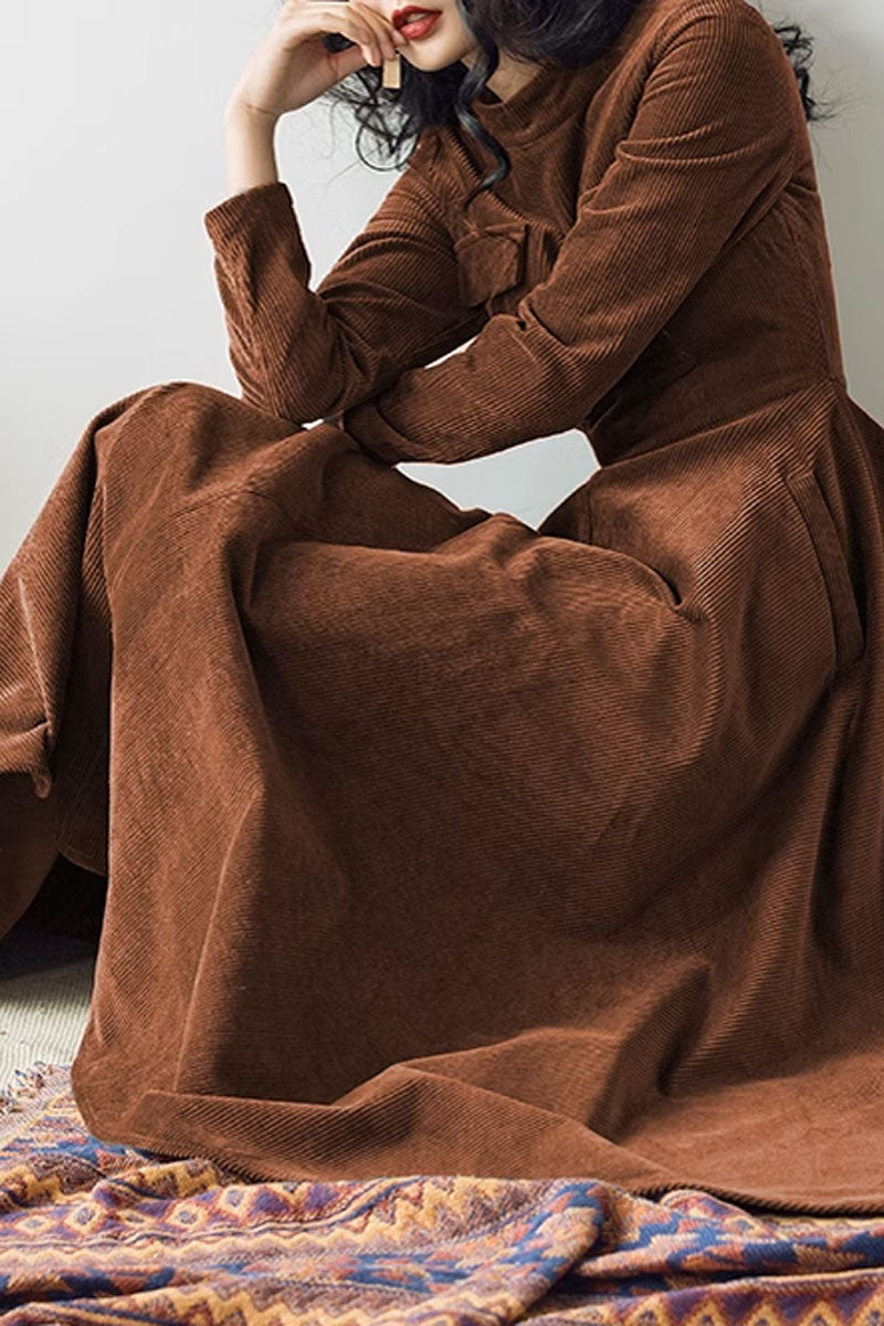 Brown Wool Blend Corduroy Maxi Dress with Fit and Flare Silhouette