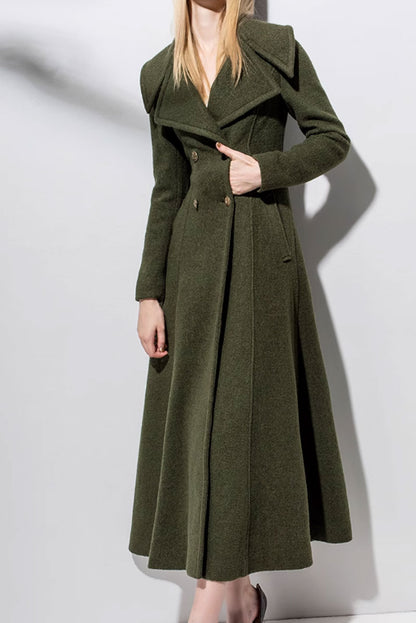 Army Green Wool Coat - Double Breasted, Long Sleeve Winter Elegance 4716