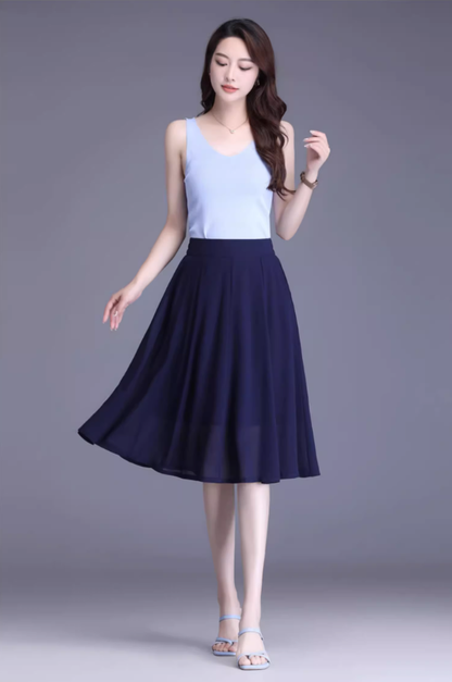 Emerald Green Chiffon Knee Length Skirt - Circle Swing with Pockets 4469