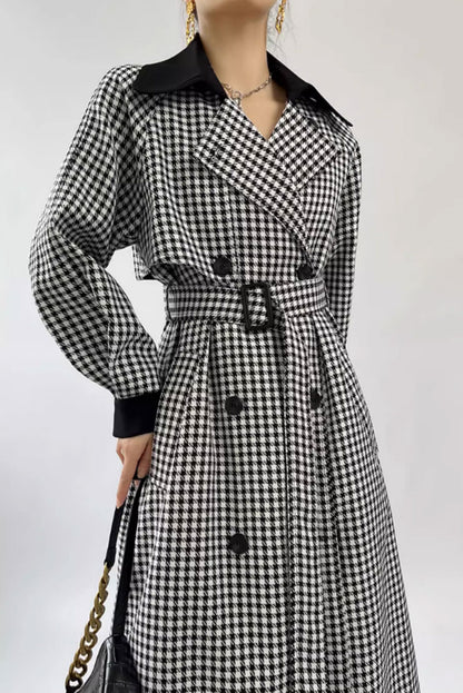 Black and white plaid long trench coat 4633