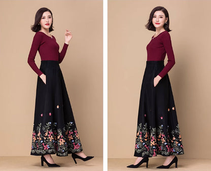 Black maxi Embroidered Wool Skirt 4770
