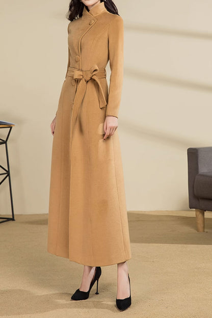 Camel Wool Long Coat - Asymmetrical Front with Tie Belt 4589
