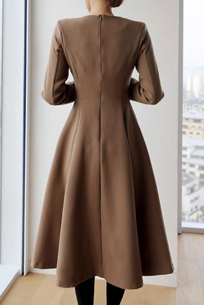 Beige Polyester Midi Dress - Irregular Button Detail with Long Sleeves 4631