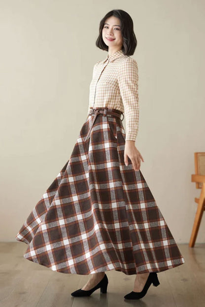 Brown Wool Maxi Skirt - Plaid Patterned, Elastic Waist 4625