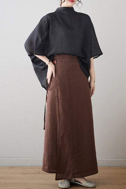 Brown Cotton Blend Wrap Skirt - Regular Fit, Maxi Length 4303