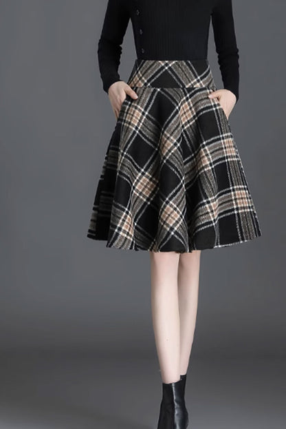 Plaid Wool Skater Skirt - A-Line Silhouette with Pockets 4654