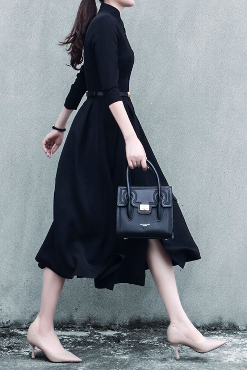 Black fit and flare shirt dress women 4630 Xiaolizi Black fit and flare shirt dress women 4630 Xiaolizi