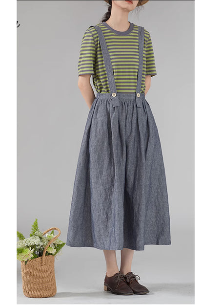 Blue Linen Suspender Midi Skirt - Fitted Waist with Pockets 4366