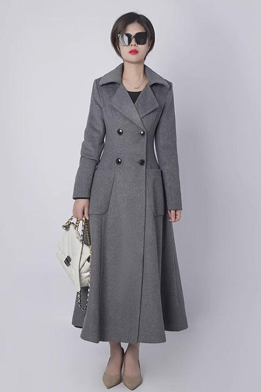 Gray long trench wool coat with big pockets 4436