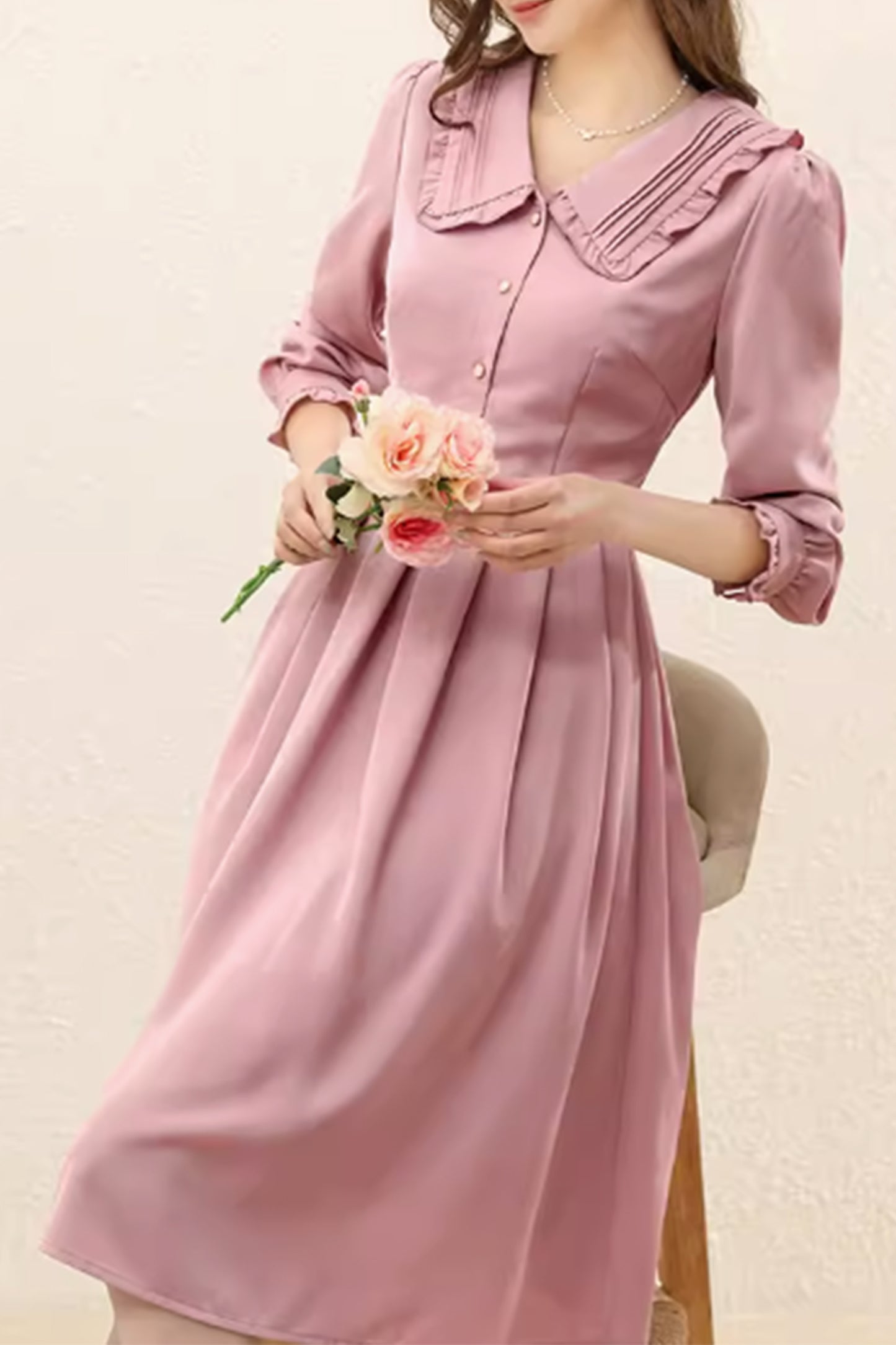 Pink long sleeves shirt dress with ruffle details 4886