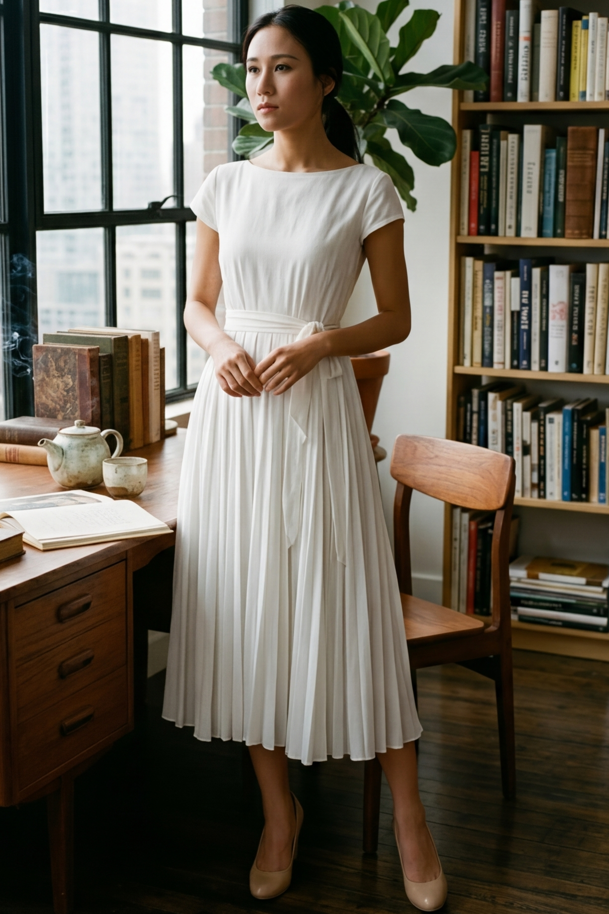 White Chiffon Maxi Dress - Cap Sleeve Cinched Waist | Xiaolizi 627