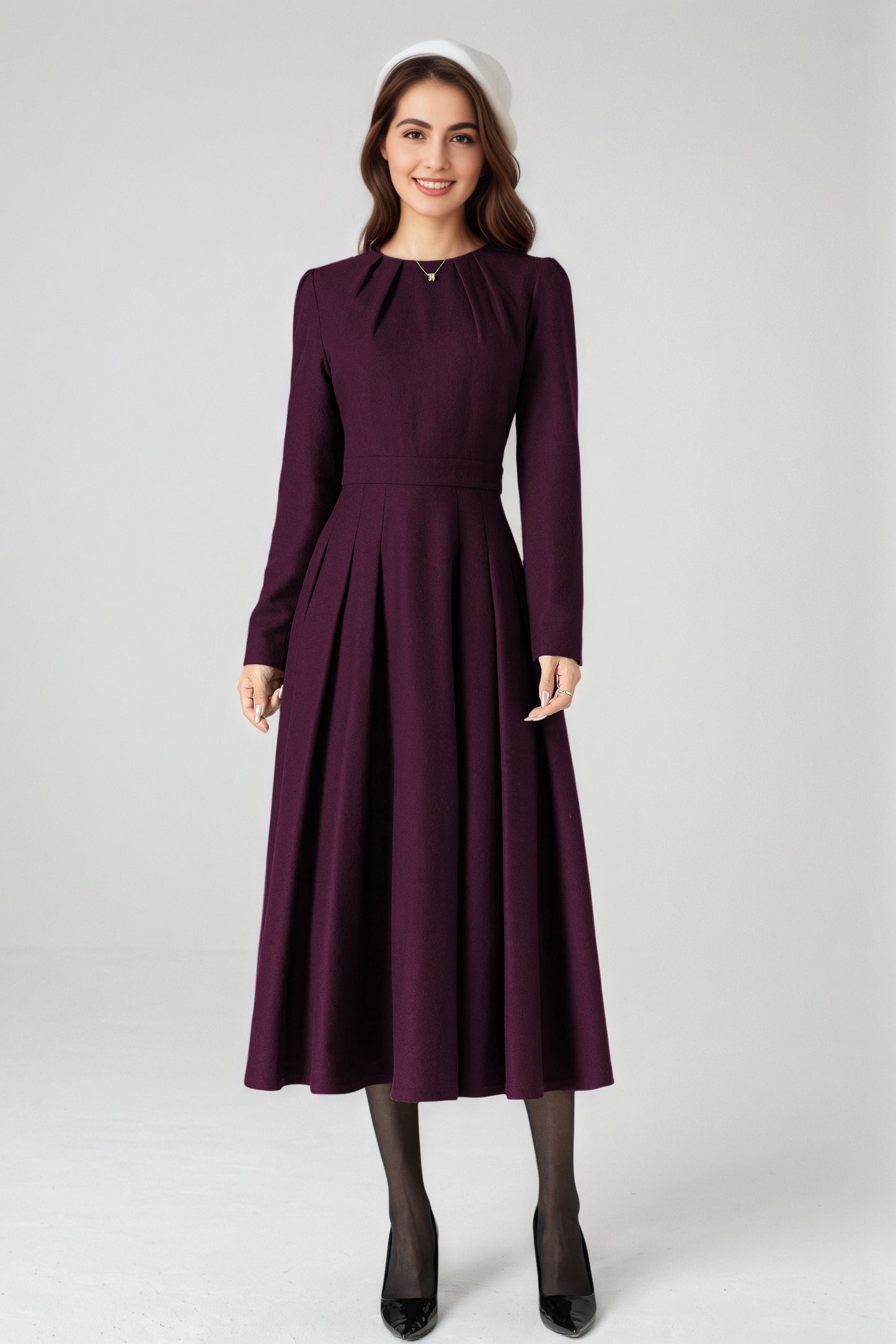 Handmade Wool Blend Dress – Purple A-Line Winter Midi 6523