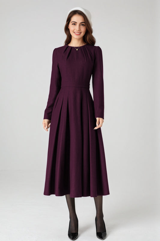 Handmade Wool Blend Dress – Purple A-Line Winter Midi 6523