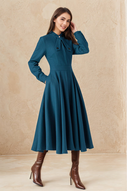 Blue Wool Fit & Flare Dress - 50s A-Line Long Sleeve | Xiaolizi 6519
