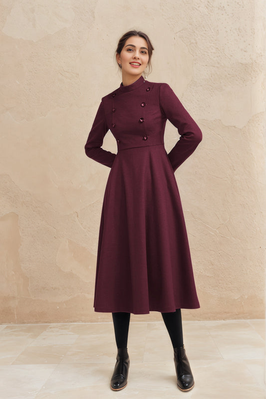 Winter wool long fit and flare warm dress for women 6517