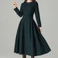 Handmade Black Wool Blend Midi Dress – Elegant Pleated Fit & Flare with Long Sleeves 6524