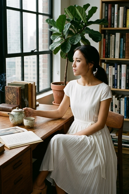 Woman in a white dress sitting at a desk with books and a plant, looking out a window.