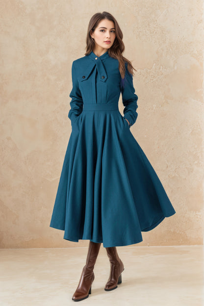 Blue Wool Fit & Flare Dress - 50s A-Line Long Sleeve | Xiaolizi 6519