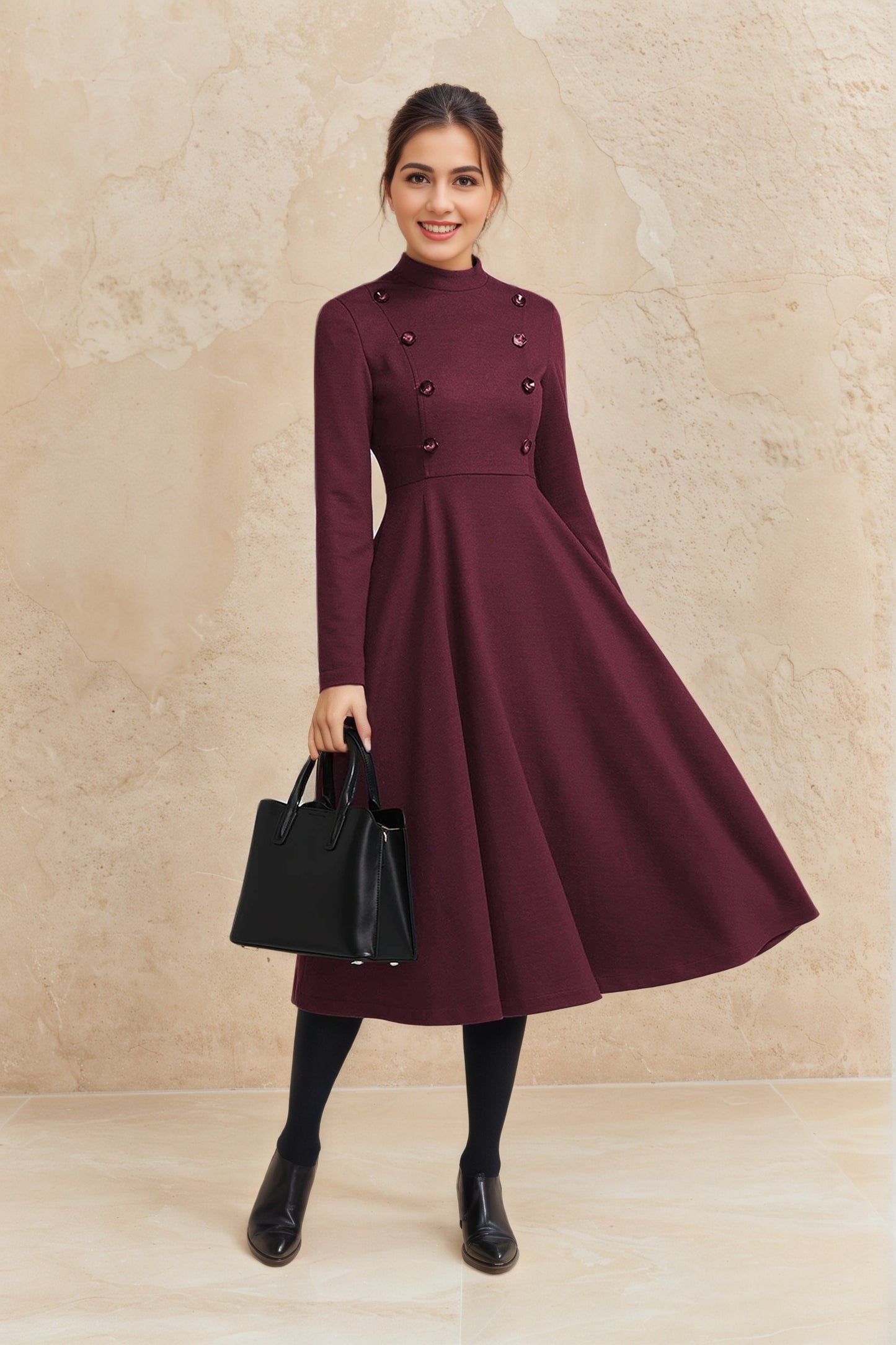 Winter wool long fit and flare warm dress for women 6517