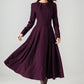 Handmade Wool Blend Dress – Purple A-Line Winter Midi 6523