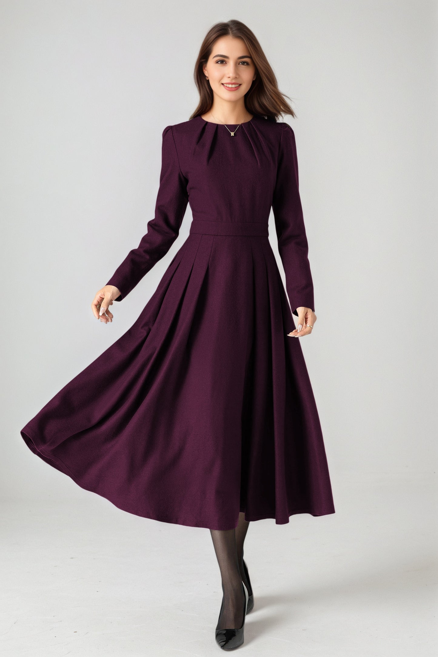 Handmade Wool Blend Dress – Purple A-Line Winter Midi 6523