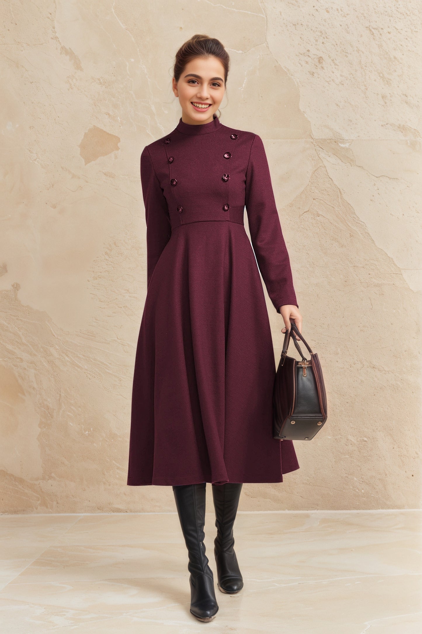 Winter wool long fit and flare warm dress for women 6517