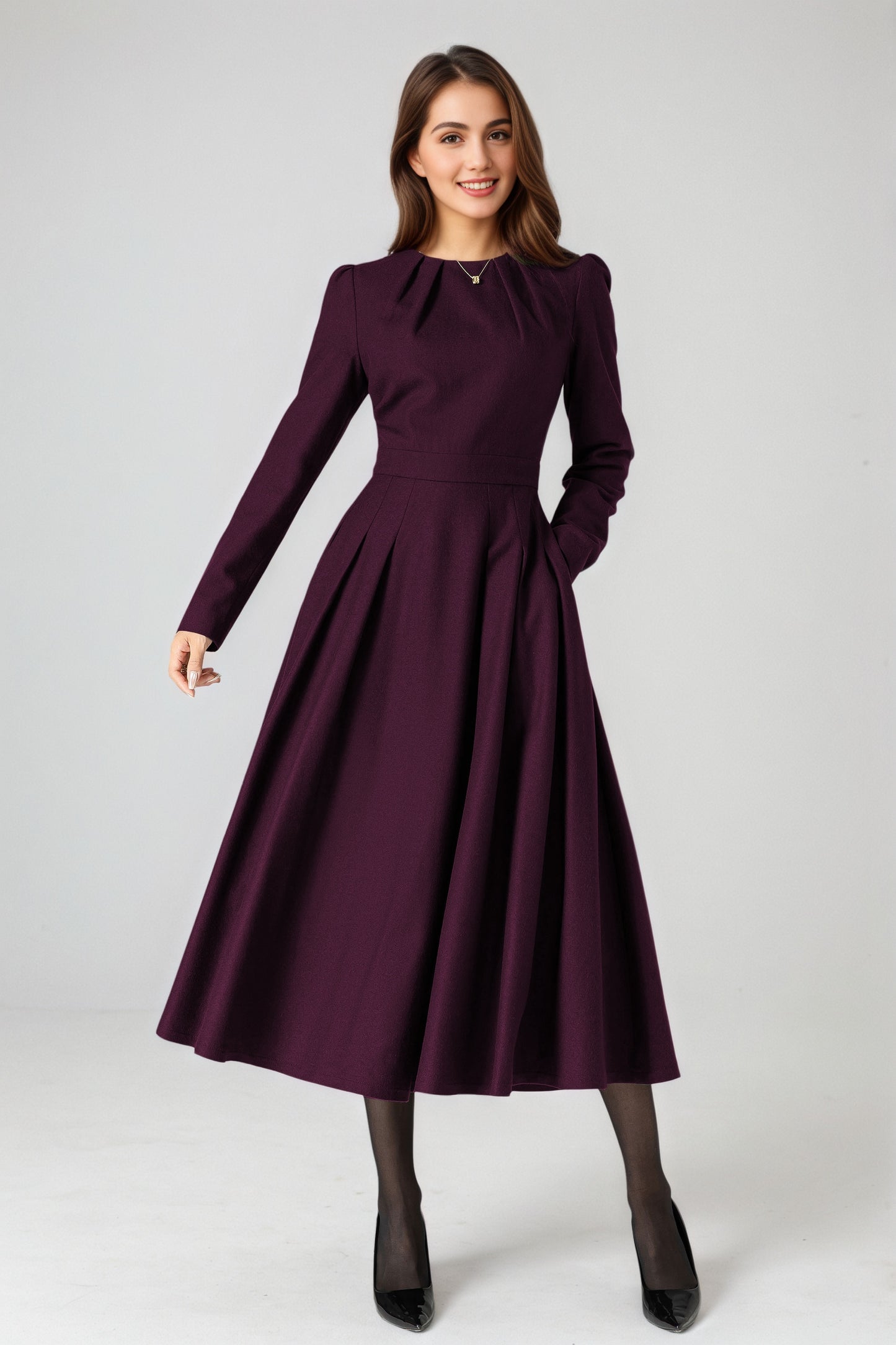 Handmade Wool Blend Dress – Purple A-Line Winter Midi 6523