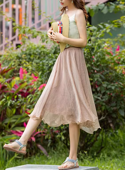 Elastic waist summer chiffon skirt 6187- light brown