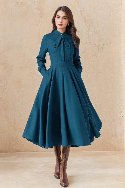 Blue Wool Fit & Flare Dress - 50s A-Line Long Sleeve | Xiaolizi 6519