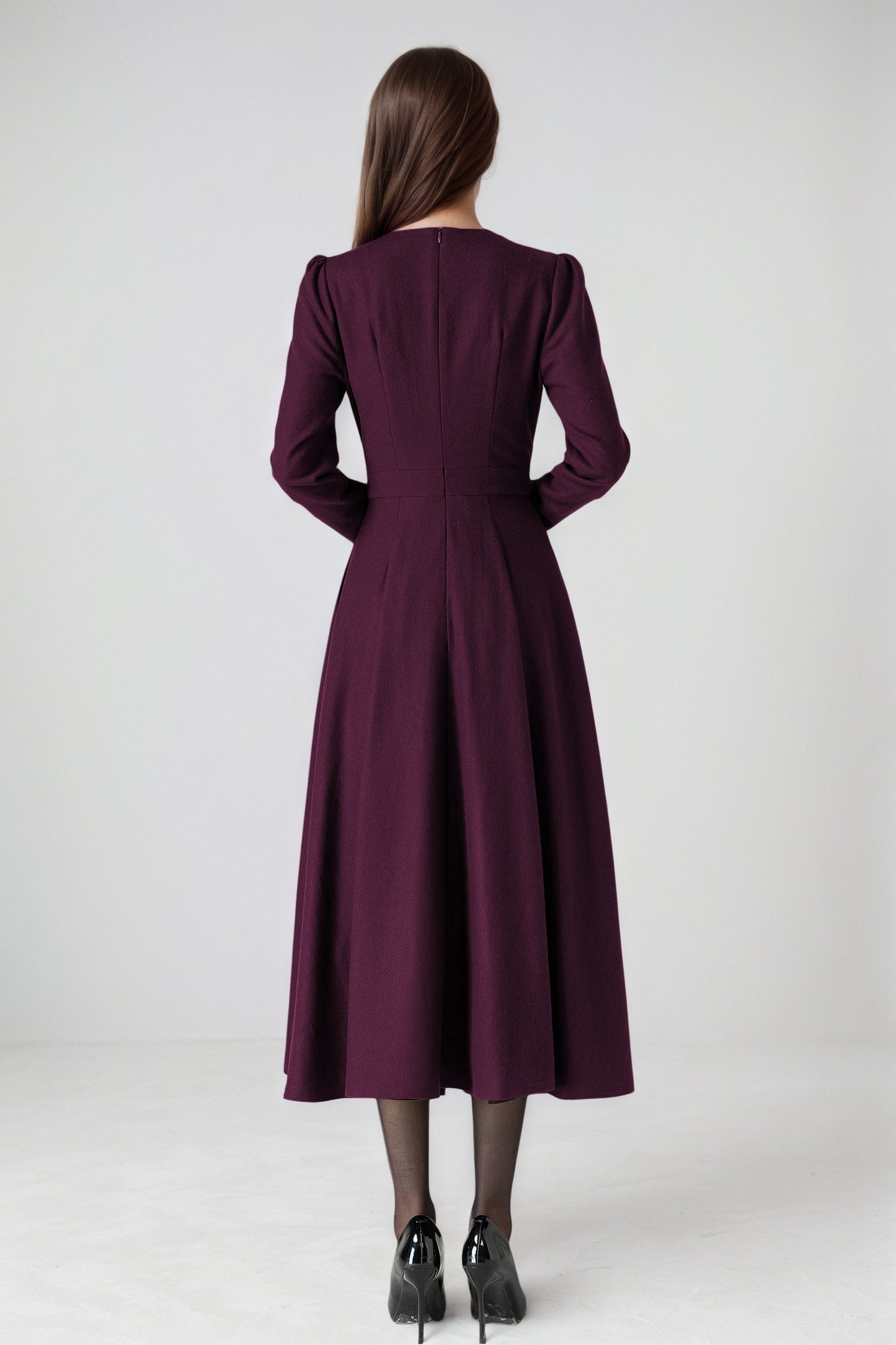 Handmade Wool Blend Dress – Purple A-Line Winter Midi 6523