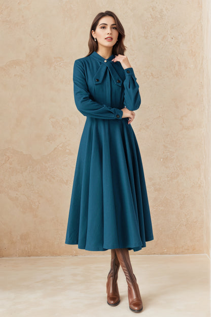 Blue Wool Fit & Flare Dress - 50s A-Line Long Sleeve | Xiaolizi 6519