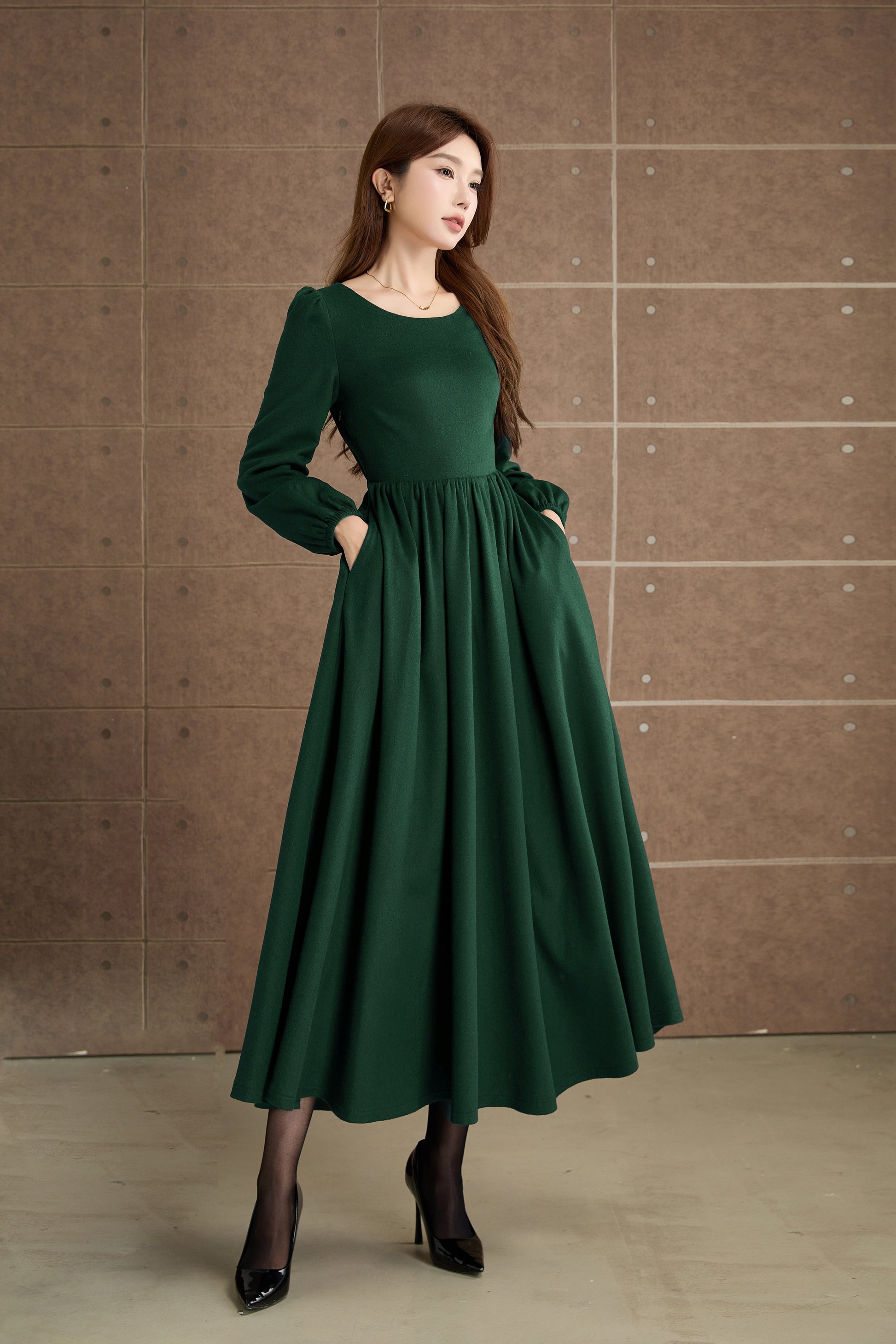 Burgundy Wool Maxi Dress – Elegant Long Sleeve Vintage Winter Dress 5359 Green / M