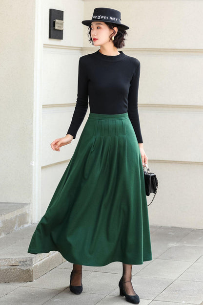 Green Wool Blend Elegant A-Line Ankle Length Skirt High Waist 6973