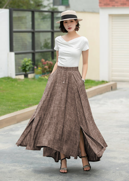 Linen Cotton Maxi Skirt - High Waist Button Front Asymmetrical | Xiaolizi 6049