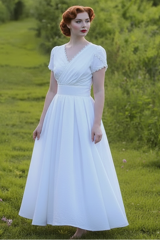White Linen Maxi Dress - V-Neck Fit & Flare Lace Detail | Xiaolizi 959 - White / XS White Linen Maxi Dress - V-Neck Fit & Flare Lace Detail | Xiaolizi 959 - White / XS