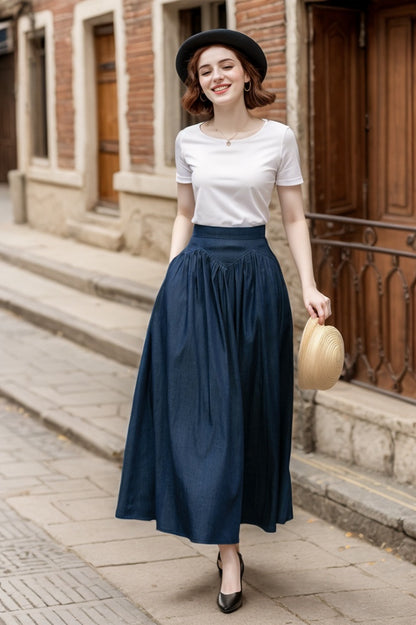 Navy Cotton Maxi Skirt - High Waist Pleated Two Pockets | Xiaolizi 5688