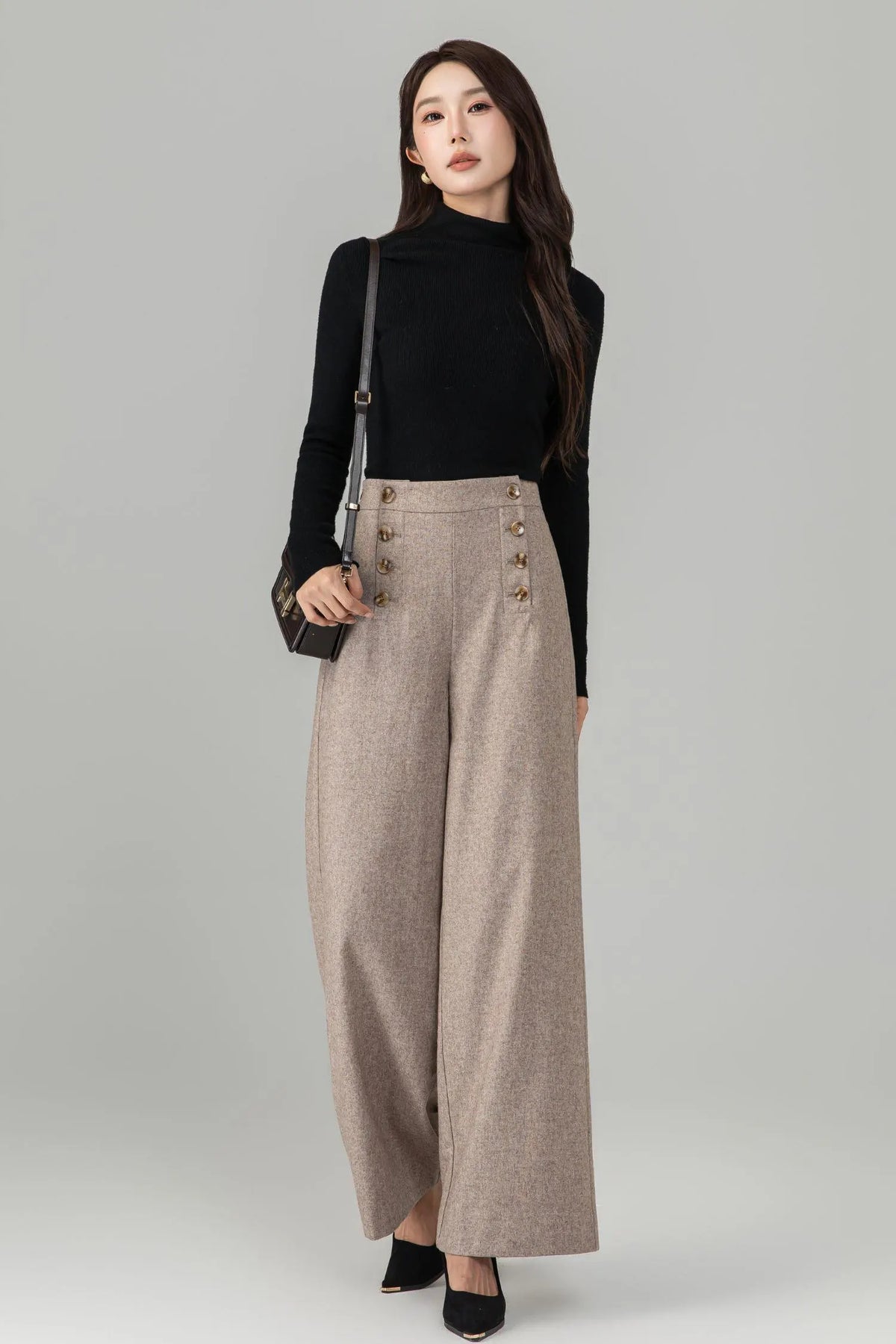 Beige Wool Blend Wide Leg High Waist Pants Ankle Length 6993