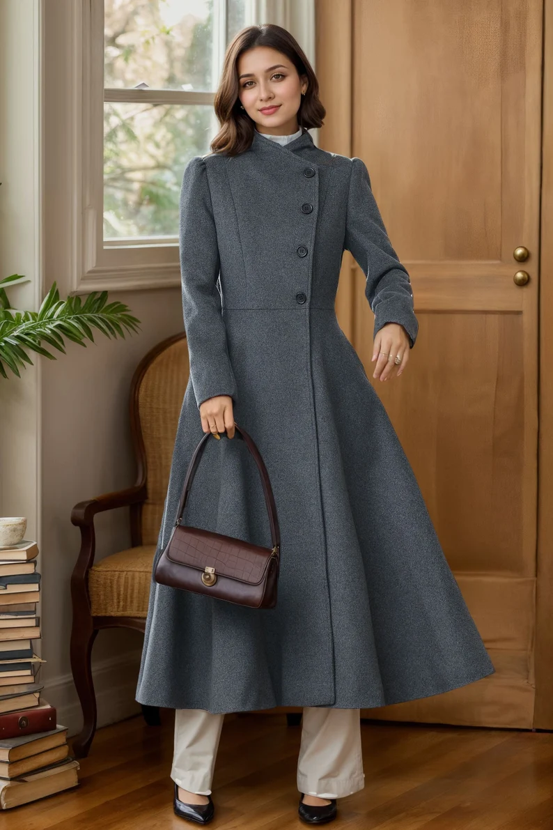 Burgundy A-Line Long Wool Coat 4511