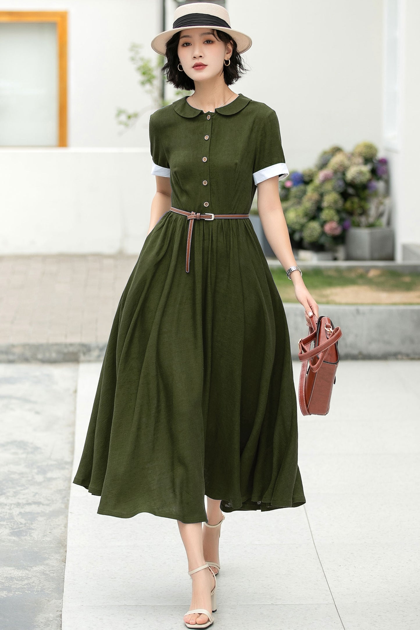 Green midi summer linen shirt dress 6048