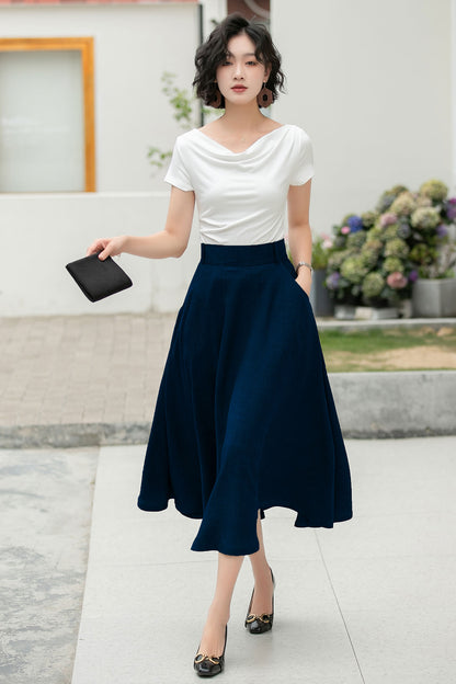 Brown Cotton Blend A-Line Midi Skirt - Flowy with Pockets 6047