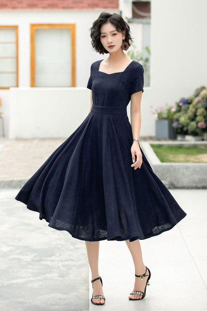 Emerald Green Linen Cotton Midi Dress - A-Line Silhouette 6051